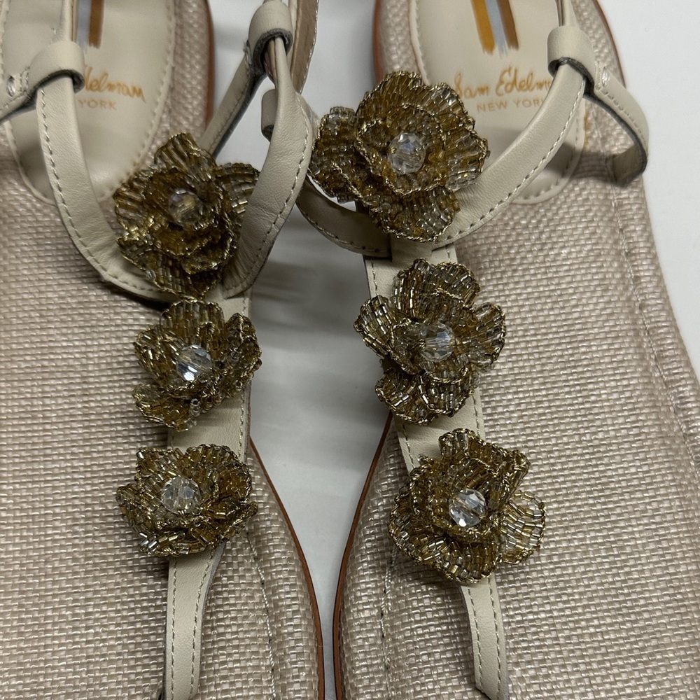 Sam Edelman Gigi Sandals Thong T-Strap Open Toe Shoes Beaded Floral Gold Size 8 - Picture 3 of 8
